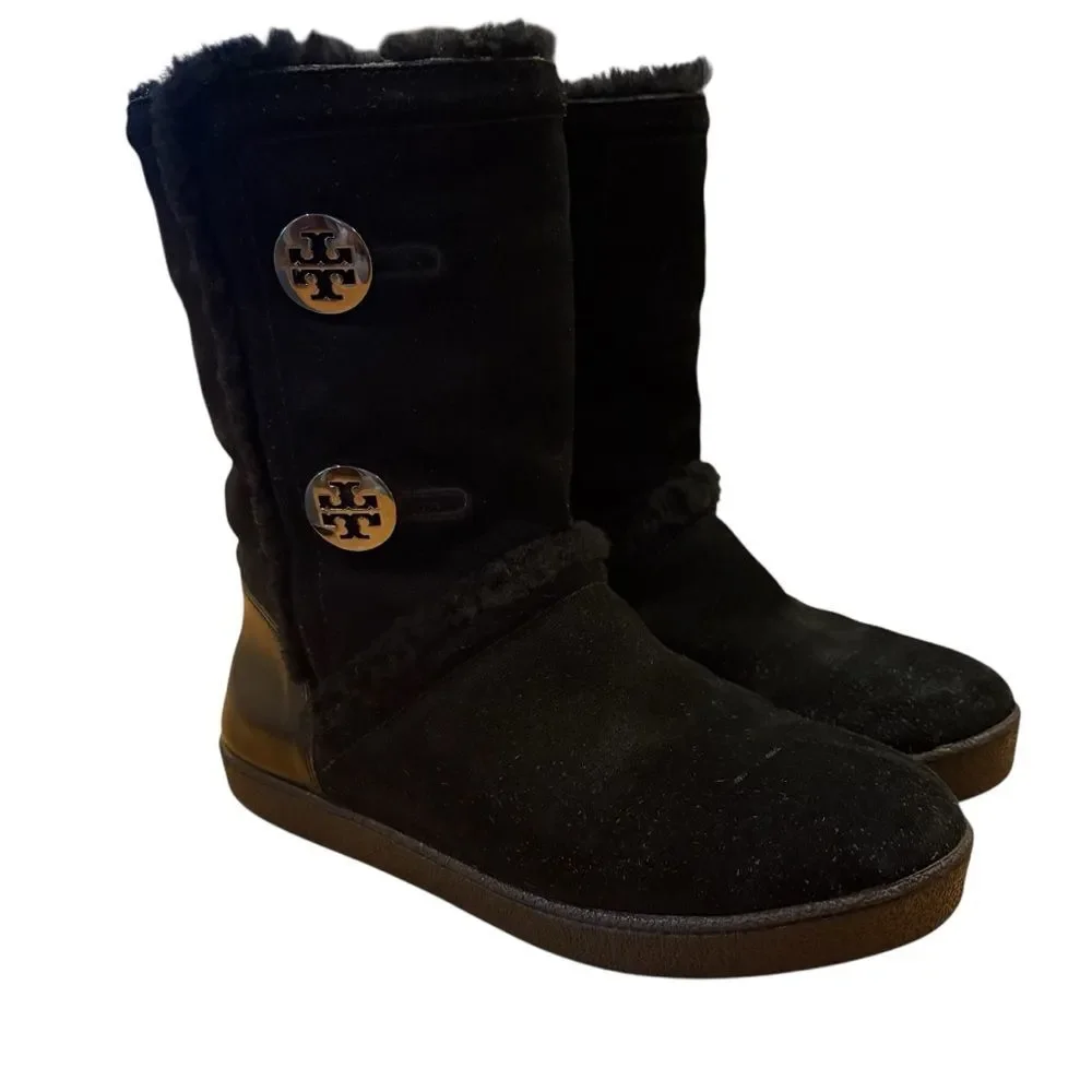 Tory Burch Black Winter Fur Boots with Logo Buttons 7.5